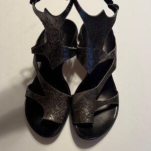 Cydwoq Vintage Metallic Black Cutout Women's Sandals with Ankle Strap Handmade